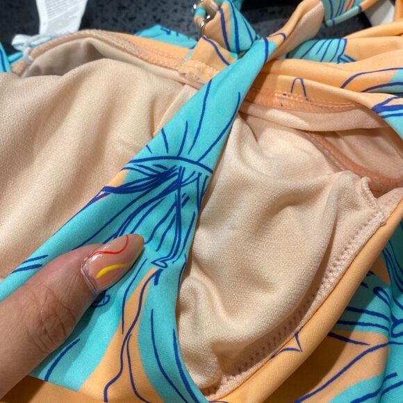 NWT Cupshe Peach Light Blue Hibiscus Floral Peplum Tankini and Bottom Set Sz S - Picture 7 of 7